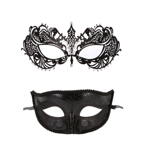 Set of two black Venetian masquerade masks with intricate cutout metal and rhinestone details