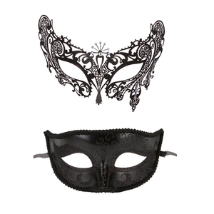 Detail of laser-cut black metal filigree mask with rhinestones and glitter finish