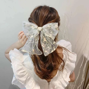 Elegant Large Bow Hair Clip Mesh Gauze Embroidery Flower Scrunchie Sweet Korean Style Hair Accessories For Women