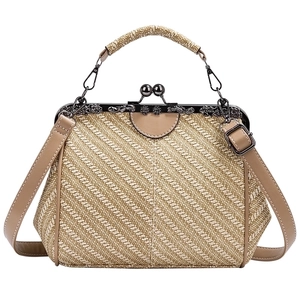 Vintage Kiss-Lock Handbag Straw Weave PU Leather Retro Doctor Bag Shoulder Crossbody Solid Color For Women