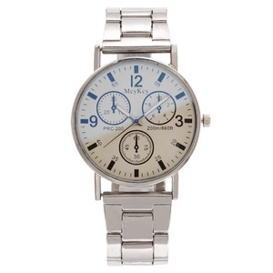 Men Fashion Quartz Watch Metal Steel Strap Blue Coating Mineral Glass Round Dial Business Wristwatch For Male