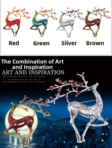 Detailed view of enamel elk brooches in red, green, and silver with amber texture