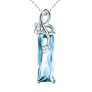 Silver necklace with rectangular aquamarine blue crystal pendant on white background