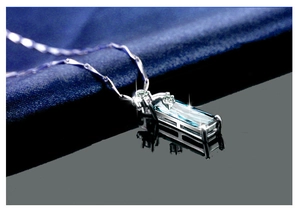 Macro shot of silver clover pendant with aquamarine rectangle crystal on black surface