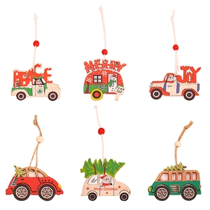 Set of 6 wooden Christmas car ornaments with colorful festive engravings and beads
