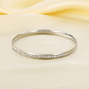 Macro shot of 5.5mm silver titanium steel bangle with pavé-set zircons on the side