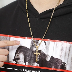 Gold stainless steel cross necklace with Jesus crucifix on a twisted rope chain