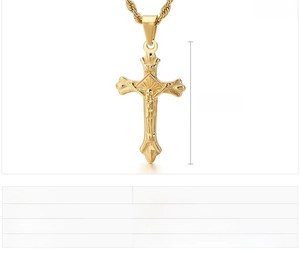 Detailed size specifications for a gold cross pendant necklace made of stainless steel