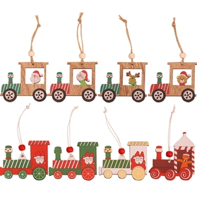Eight-piece set of wooden Christmas train ornaments with Santa, snowman and deer motifs