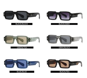 Retro rectangular sunglasses displayed in six colors including black, green, and blue frames