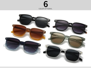 Flat lay of six colorful square frame sunglasses in black, tortoise, and gradient shades