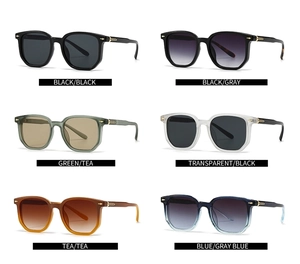 Matrix display of square frame sunglasses in six colors including black, green, and blue