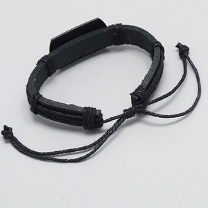 Men's punk black multi-layer braided leather bracelet with wolf head and metal plate charm