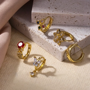 Golden butterfly and snake flower ear cuffs with colorful zircon inlays for cartilage piercing