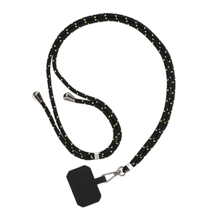 Close-up of black nylon crossbody phone lanyard with reflective spots and metal slider