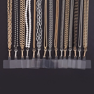 Various beaded bow crossbody phone chains featuring metal and pearl lanyard designs