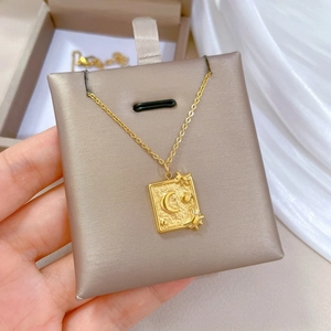 Minimalist gold titanium steel necklace with rectangular celestial moon and star pendant