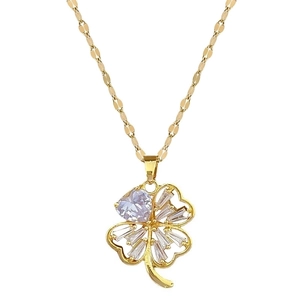 Titanium steel four-leaf clover pendant necklace with purple heart zirconia stones
