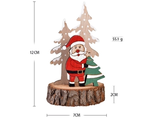 Detailed size specifications for the wooden Christmas tree and Santa tabletop ornament