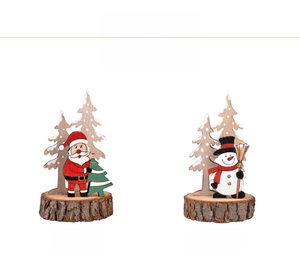 Handcrafted wooden Christmas tree desktop ornament with Santa and snowman on log base