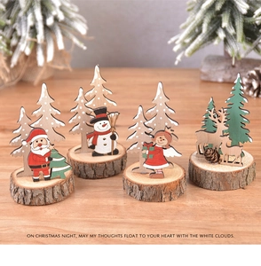 Set of four wooden Christmas ornaments featuring Santa, snowman, and reindeer on wood bases