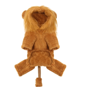 Close-up of lion mane hoodie and plush tail detail on a brown pet costume