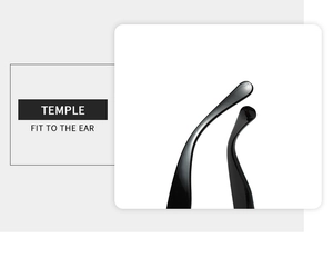 Design ergonomique des branches noires montrant le confort de la lunette à l'oreille