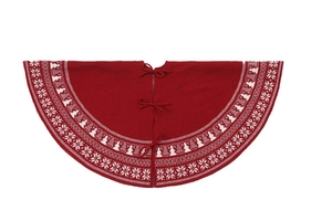 Dettaglio della gonna per albero di Natale in maglia rossa con fiocchi di neve e alberi