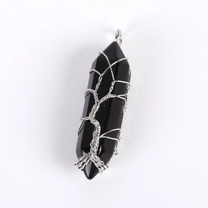 Natural black hexagonal stone pendant with silver Tree of Life wire wrap design