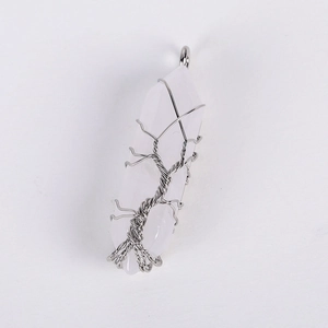 Detailed wire-wrapped silver tree of life design on a white crystal hexagonal pendant