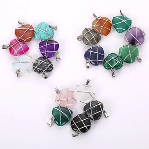 Heart-shaped natural stone pendants with silver wire wrap design for DIY jewelry