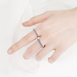 S925 sterling silver moissanite ring with double row pavé stones on a model's hand