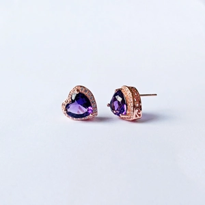 Vintage Copper Heart Stud Earrings With Purple Blue Yellow Rhinestone Halo For Women Romantic Wedding Jewelry Gift
