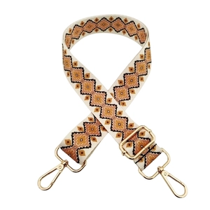 Adjustable wide shoulder strap with ethnic geometric pattern and gold swivel snap hooks