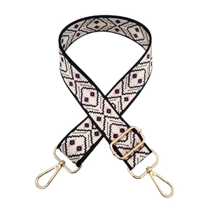 Adjustable bohemian wide shoulder strap with ethnic geometric pattern and gold buckles