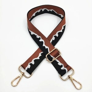 Adjustable woven jacquard shoulder strap with mountain pattern and gold metal hooks