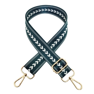 Adjustable nylon wide bag strap with teal arrow pattern and golden metal buckles