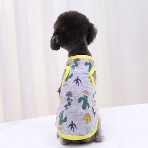 Detail of grey mesh pet vest with yellow trim and vibrant cactus pattern for small dogs