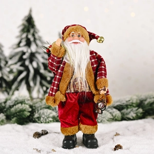 Standing Santa Claus doll in red plaid jacket with lantern and gift bag decoration