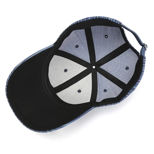Detail view of navy blue striped baseball cap interior with sweatband and metal buckle