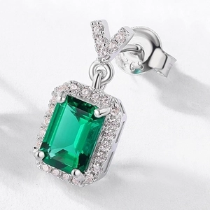 S925 sterling silver emerald cut green gemstone stud earrings with halo diamonds