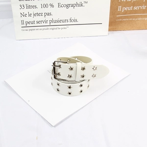 Detail view of white double-grommet star belt with silver twin-pin buckle on paper bag