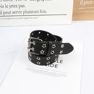 Detail of black punk leather belt with silver star-shaped rivets and double-prong buckle