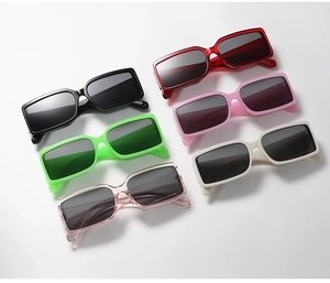 Multi-color display of trendy rectangular sunglasses with thick frames and dark lenses