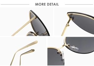 Close-up of golden metal frame details, silicone nose pads and hinges of cat-eye sunglasses
