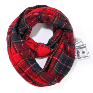 Detail of red and green plaid scarf featuring a practical hidden pocket with cash inside