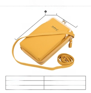 Detailed size chart for yellow PU leather crossbody phone bag with dimensions 19.5x11x5cm