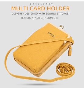 Ginger yellow PU leather phone bag featuring vertical multi-card slots and metal kiss lock