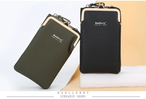 Detailed view of vertical cell phone purses in green and black with lychee texture
