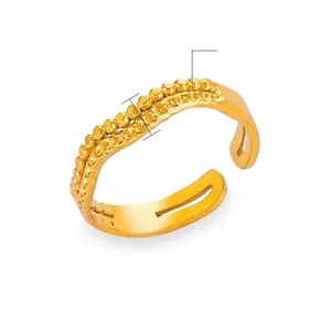 Detail of adjustable gold titanium steel ring with double-row beaded wave design